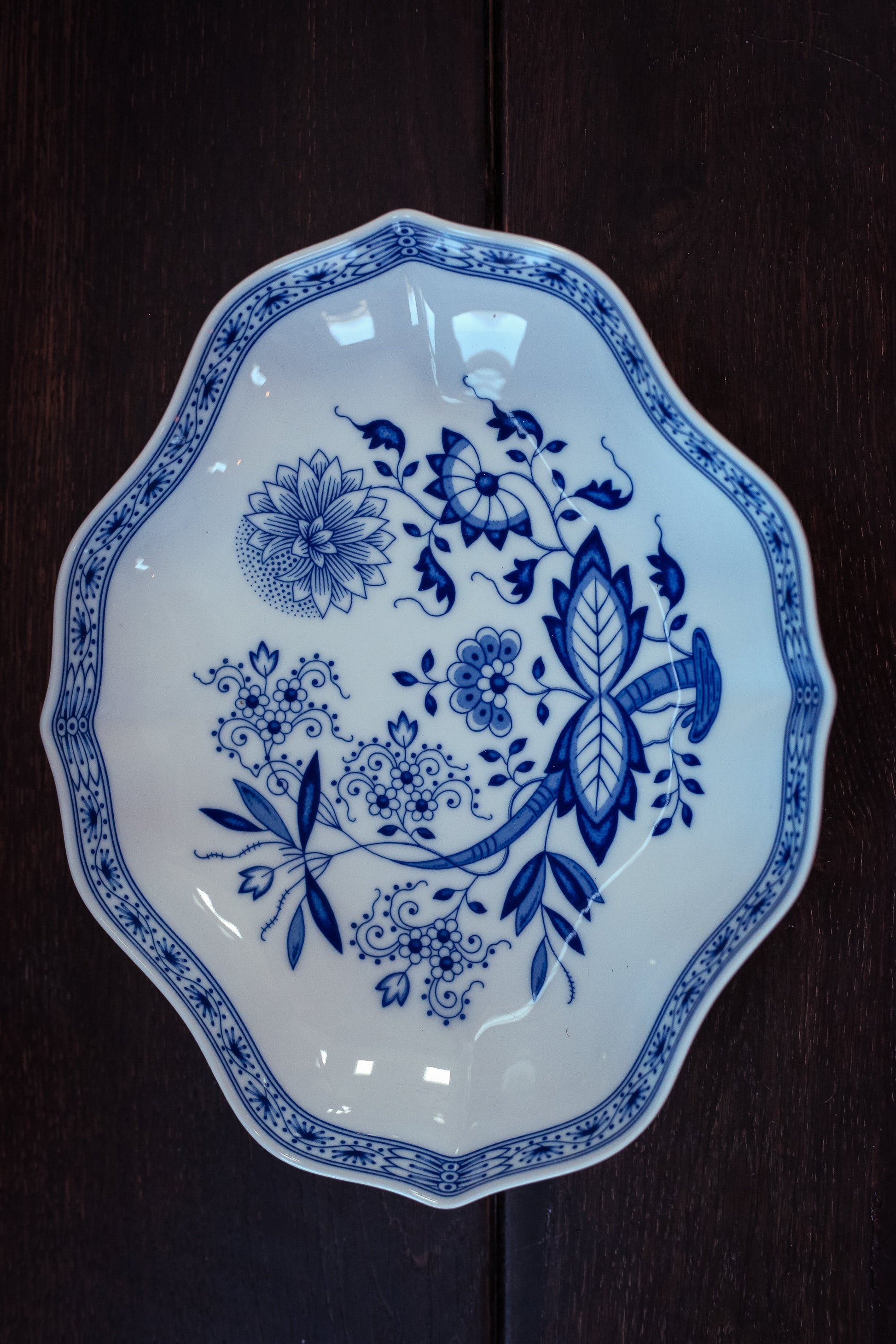 Blue Onion Scallop Bowl - Vintage Hutschenreuther German Blue White Ceramic Open Candy Dish