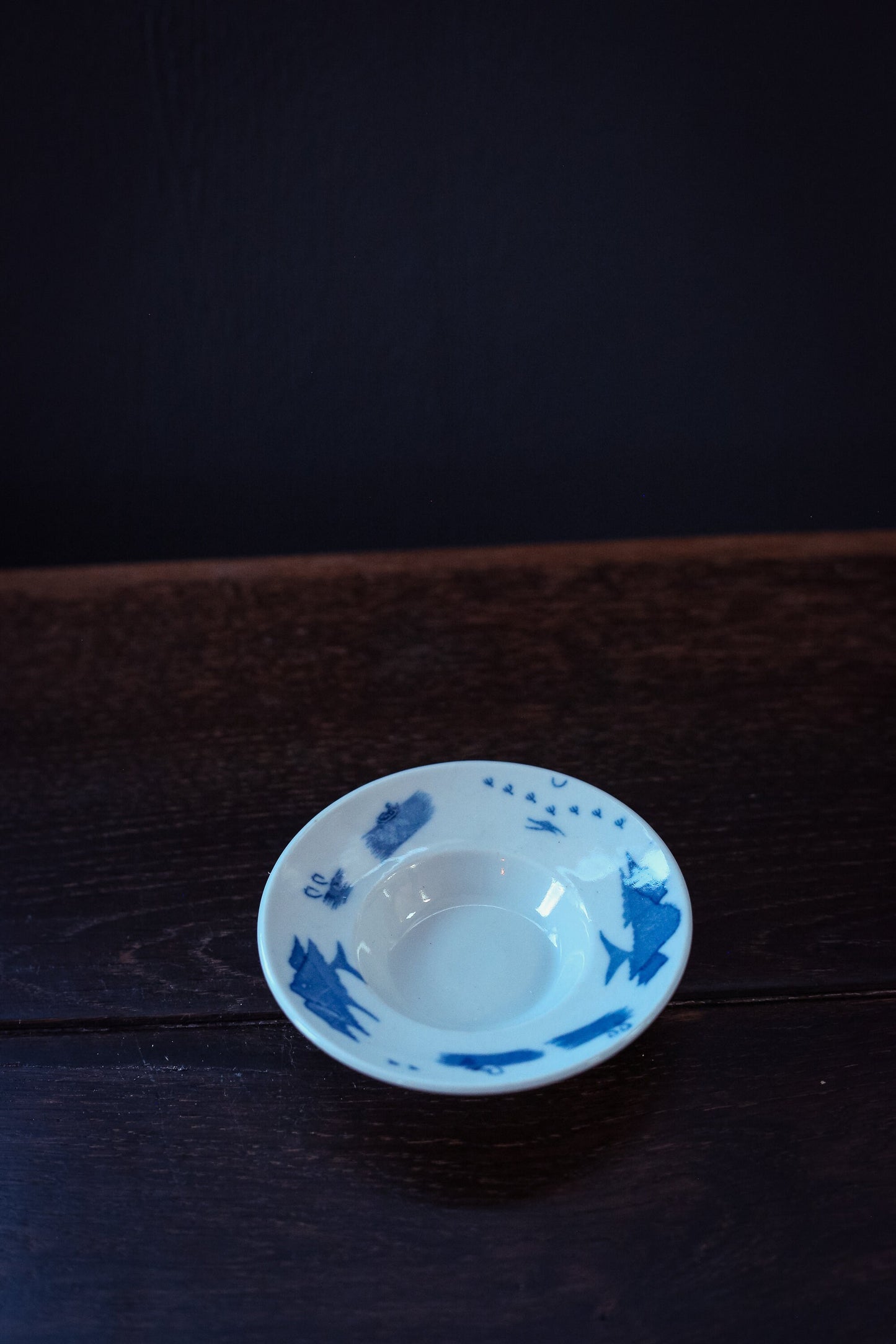 Hand Painted Blue and White Chinese Sauce Dish - Vintage Hand Painted Ceramic Bowl