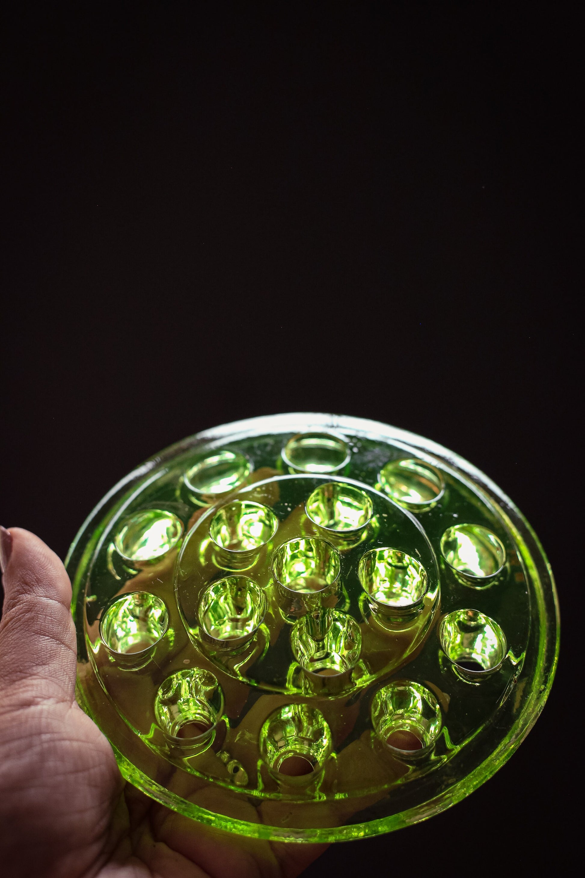 Uranium Glass Flower Frog - Vintage Green Glass Flower Frog *Glows Under Blacklight
