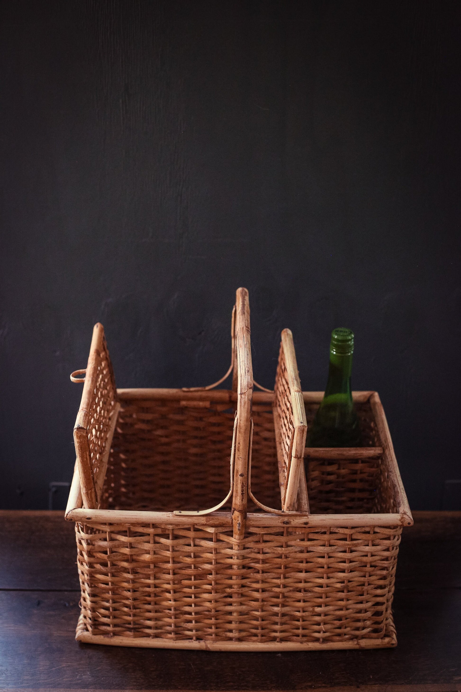 Weathered Bamboo Picnic Basket with Double Swing Lid & Wine Holder - Vintage Bamboo Basket with Handle