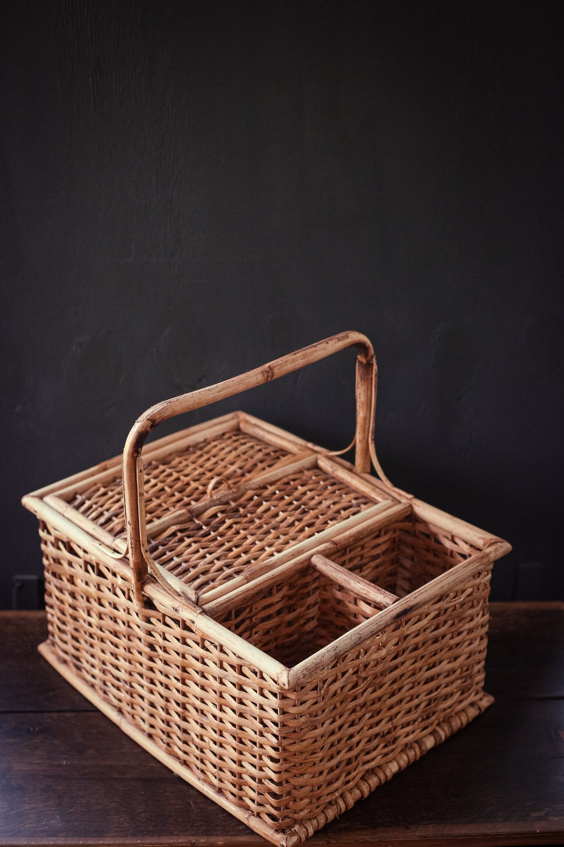 Weathered Bamboo Picnic Basket with Double Swing Lid & Wine Holder - Vintage Bamboo Basket with Handle