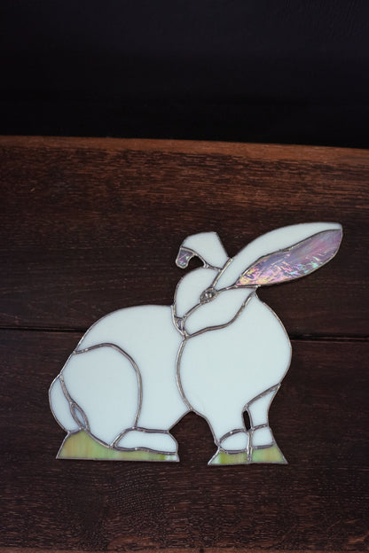 Stained Glass White Rabbit - Vintage Large Stained Glass Bunny Art Piece
