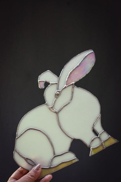 Stained Glass White Rabbit - Vintage Large Stained Glass Bunny Art Piece