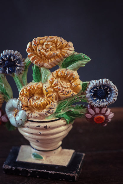 Hubley 315 Marigolds - Vintage Colorful Floral Cast Iron Doorstop -