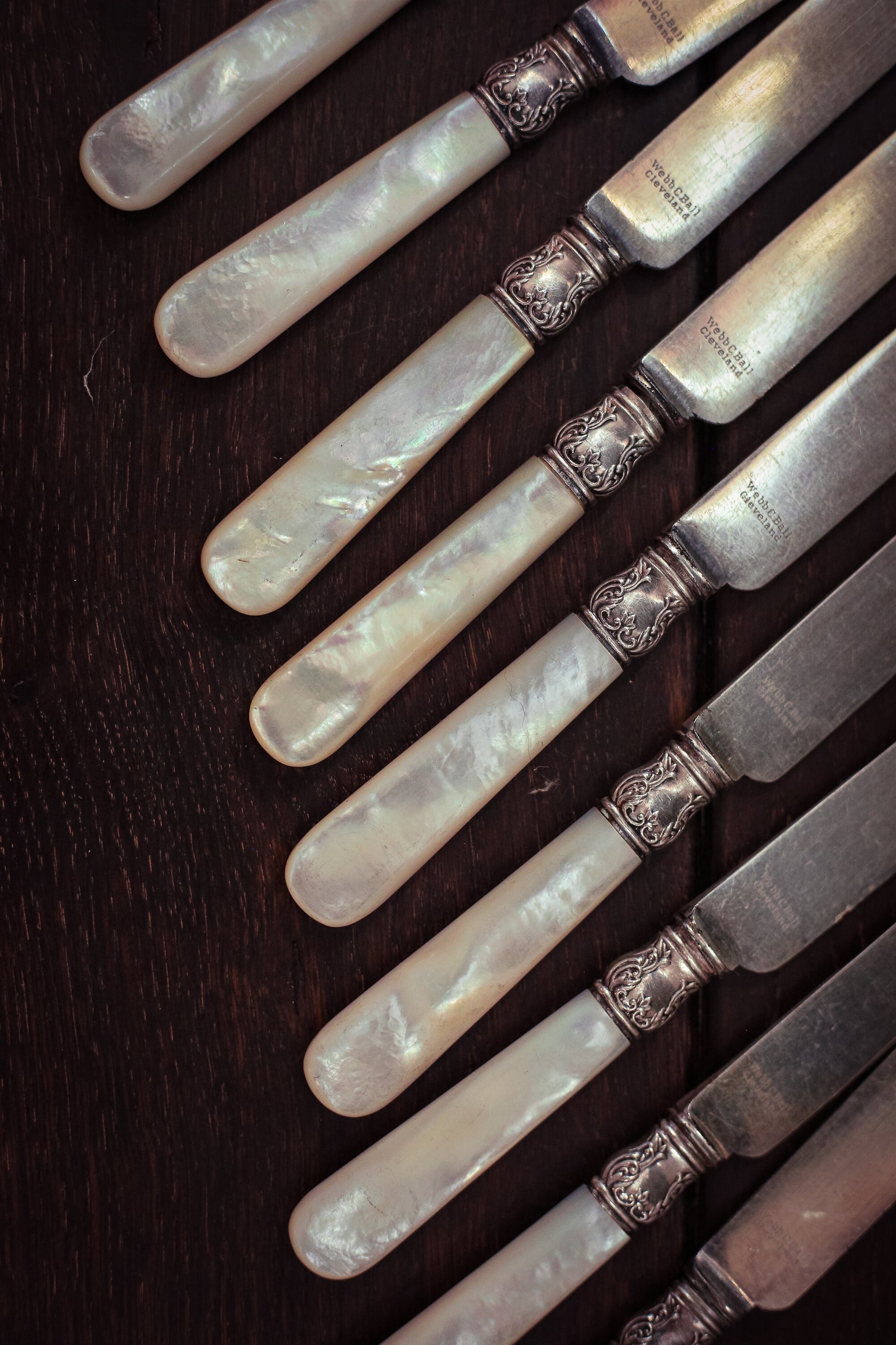 Set of 9 Mother of Pearl Handles Knives - Vintage Webb C Hall Cleveland MOP Silver Handle Knife Set