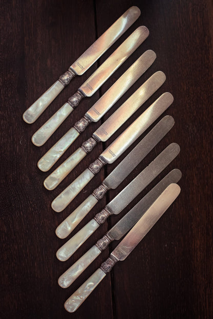 Set of 9 Mother of Pearl Handles Knives - Vintage Webb C Hall Cleveland MOP Silver Handle Knife Set