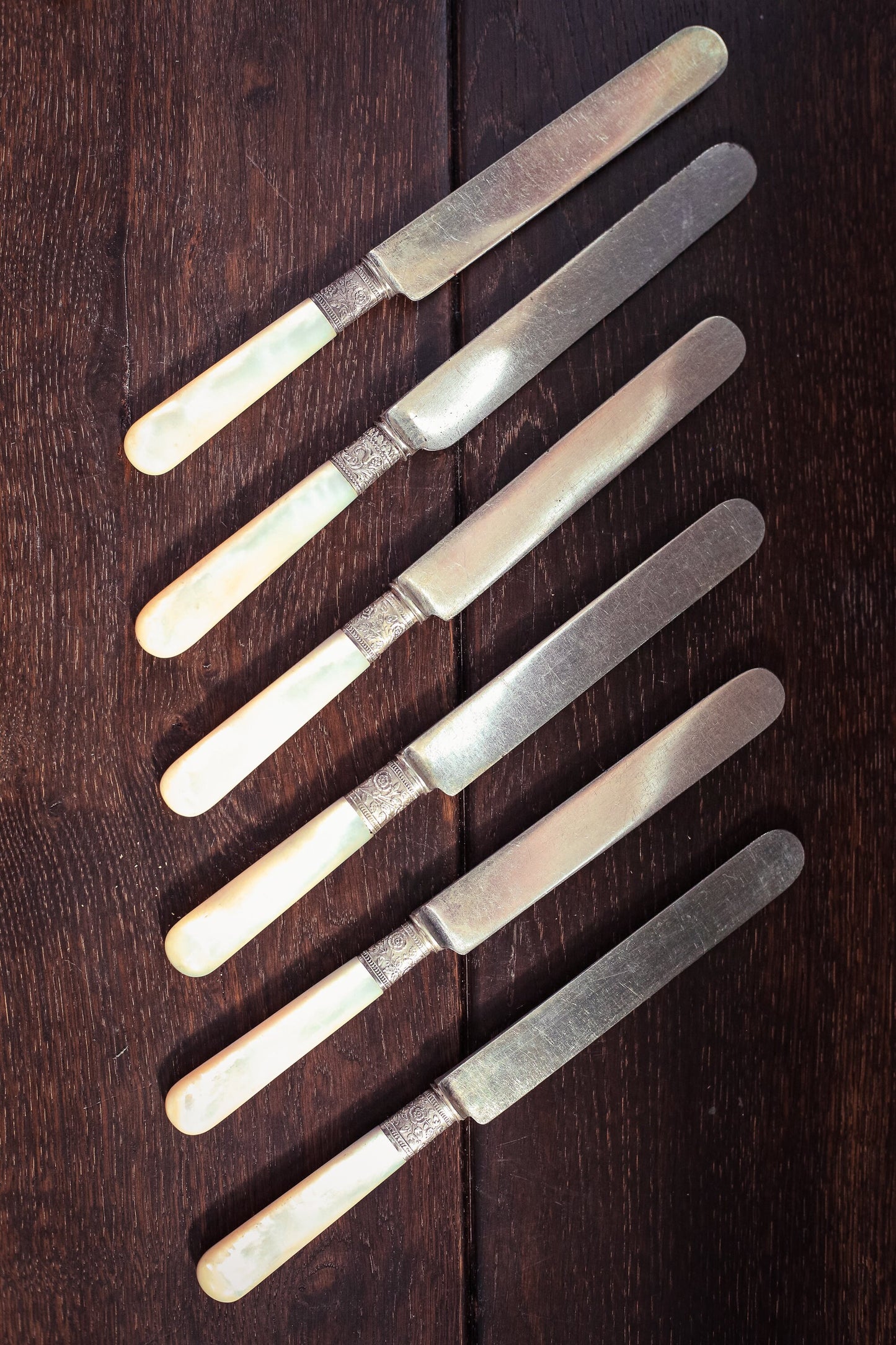 Set of 6 Silver Mother of Pearl Butter Knives - Vintage MOP Silver Fruit Knives
