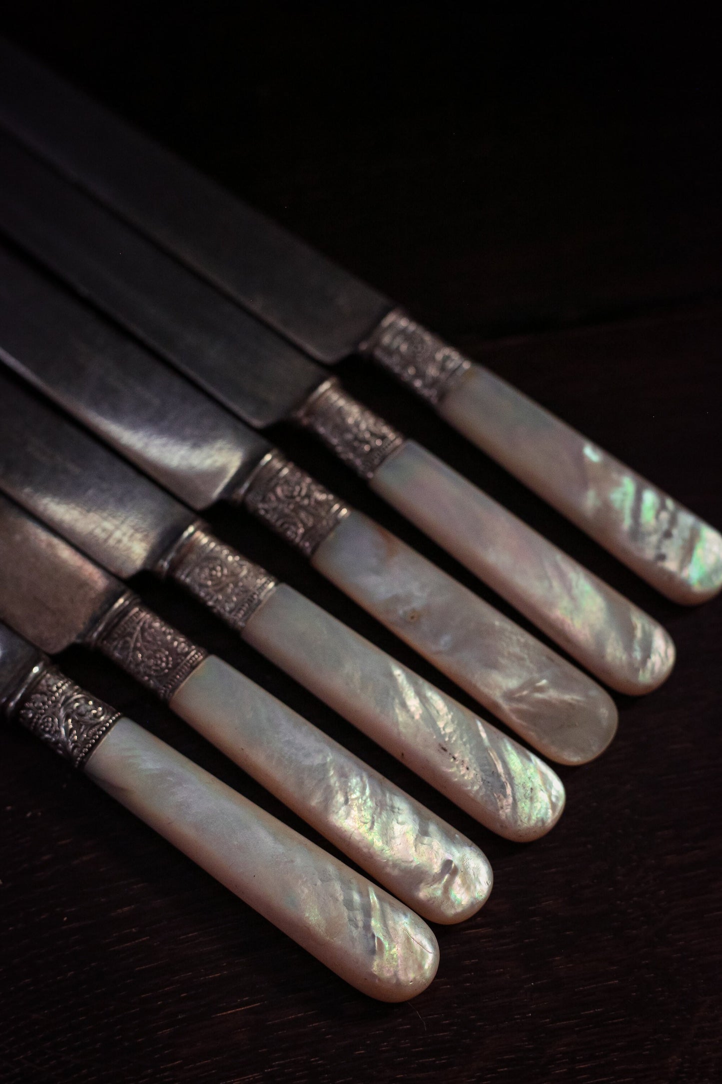 Set of 6 Small Silver Mother of Pearl Butter Knives - Vintage MOP silver handle Knife Set