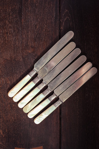 Set of 6 Small Silver Mother of Pearl Butter Knives - Vintage MOP silver handle Knife Set