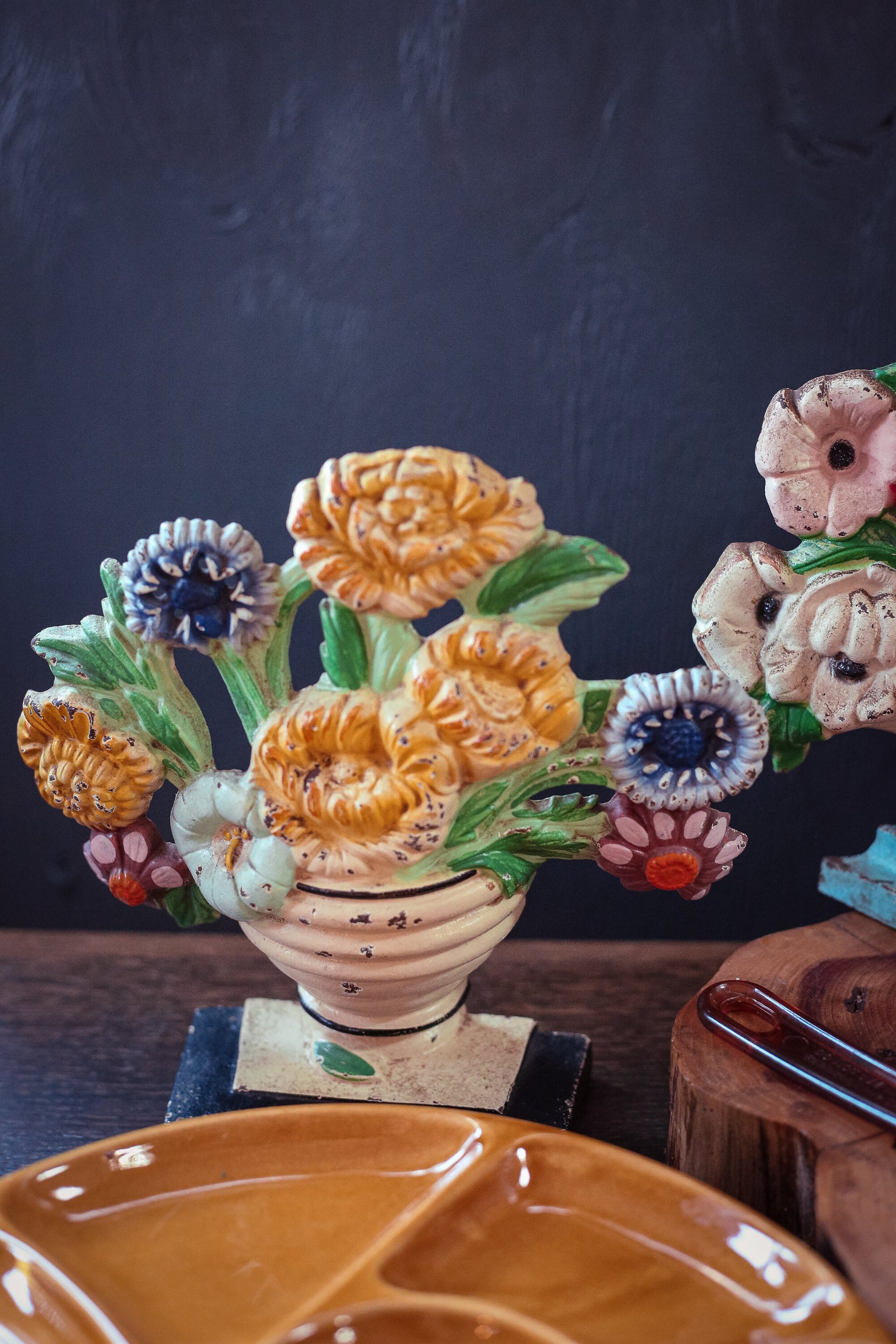 Hubley 315 Marigolds - Vintage Colorful Floral Cast Iron Doorstop -