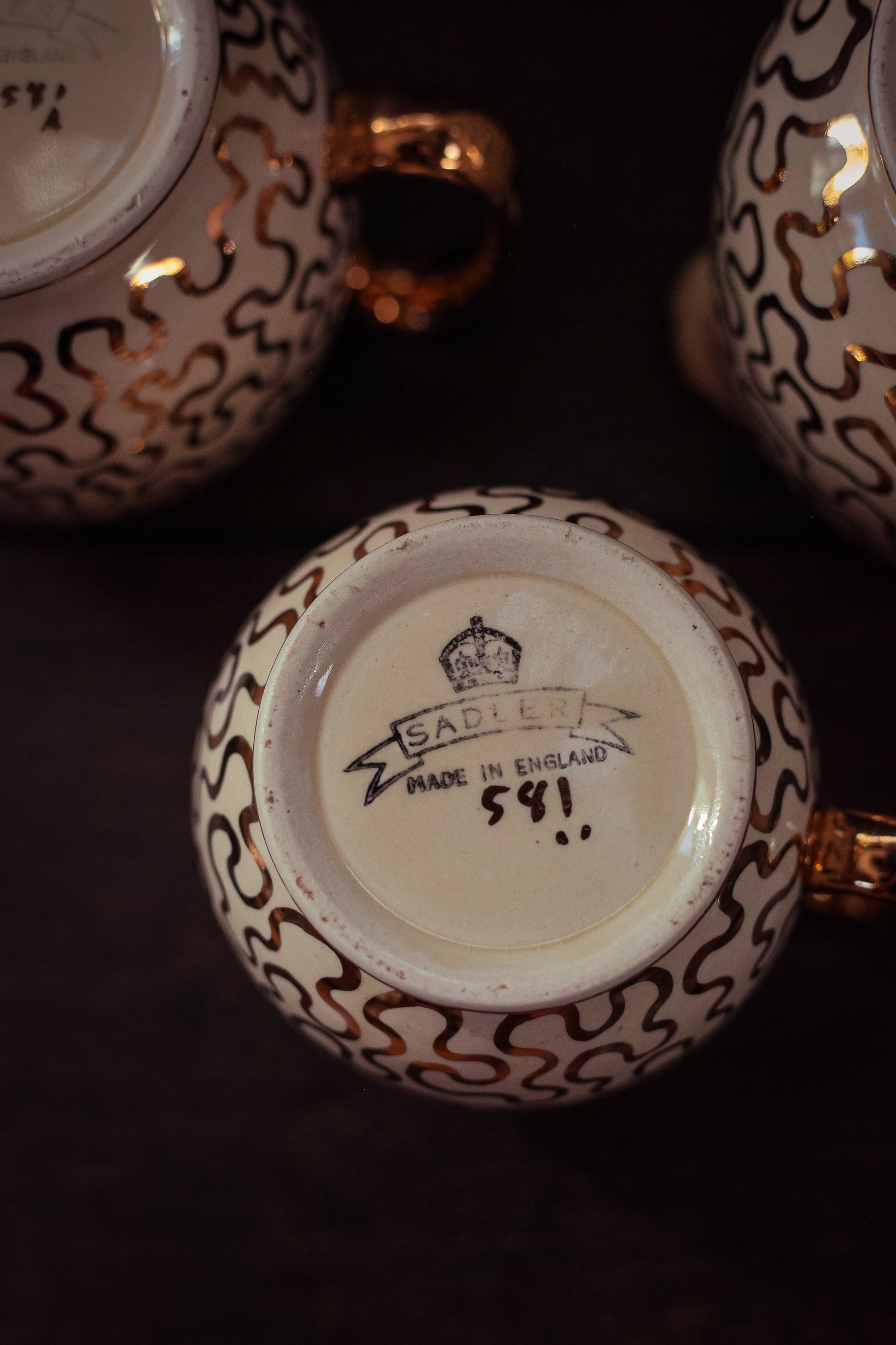 Trio of Hand Painted Gold Porcelain Pitchers - Vintage Porcelain 