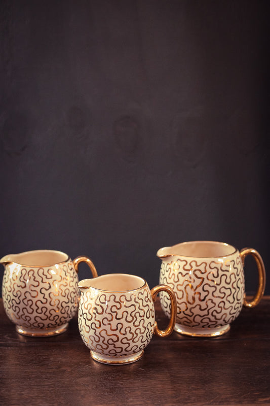 Trio of Hand Painted Gold Porcelain Pitchers - Vintage Porcelain 