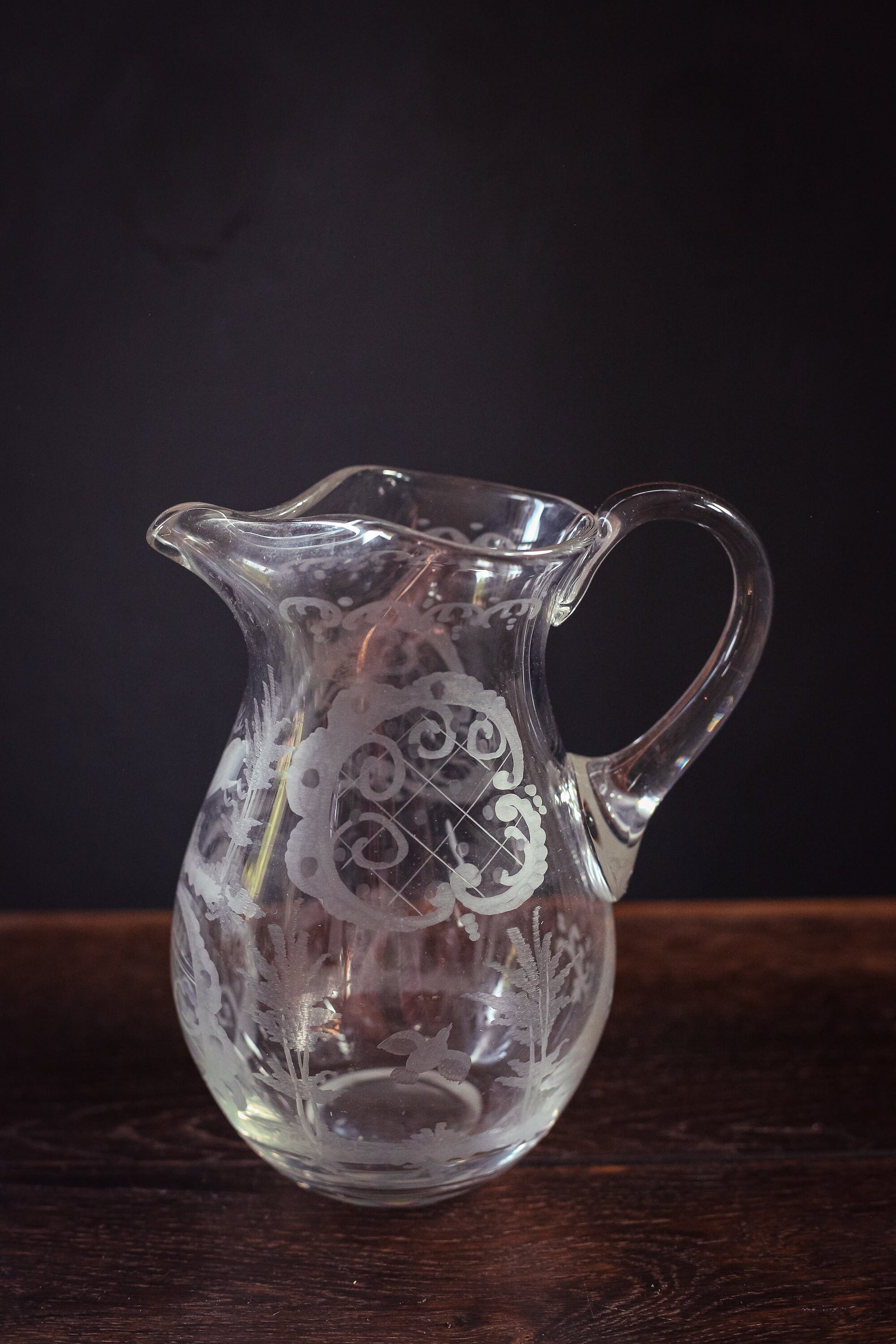Etched Glass Pitcher with Reindeer - Vintage Cut Glass Crystal Water Pitcher
