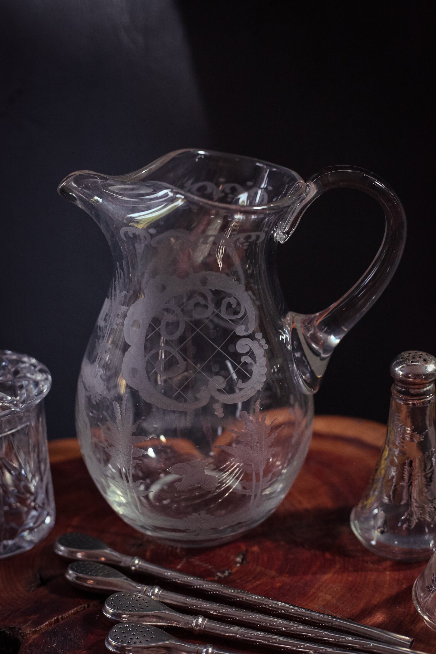Etched Glass Pitcher with Reindeer - Vintage Cut Glass Crystal Water Pitcher