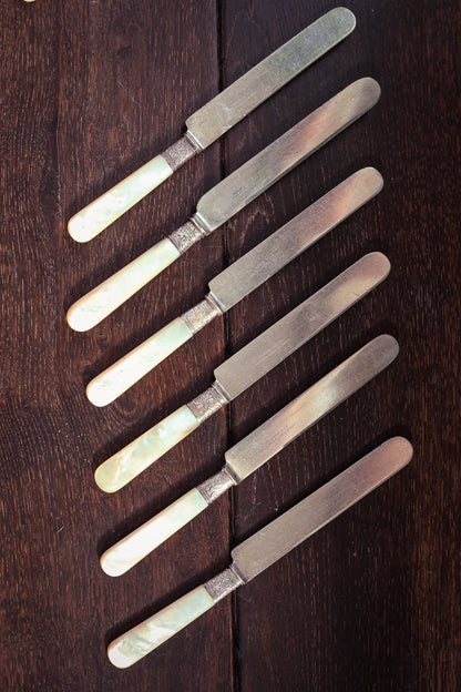 Set of 6 Silver Mother of Pearl Butter Knives - Vintage MOP Silver Fruit Knives