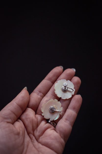 Mother of Pearl Carved Rosette Earrings - Vintage clip on MOP Flower Shaped Earrings