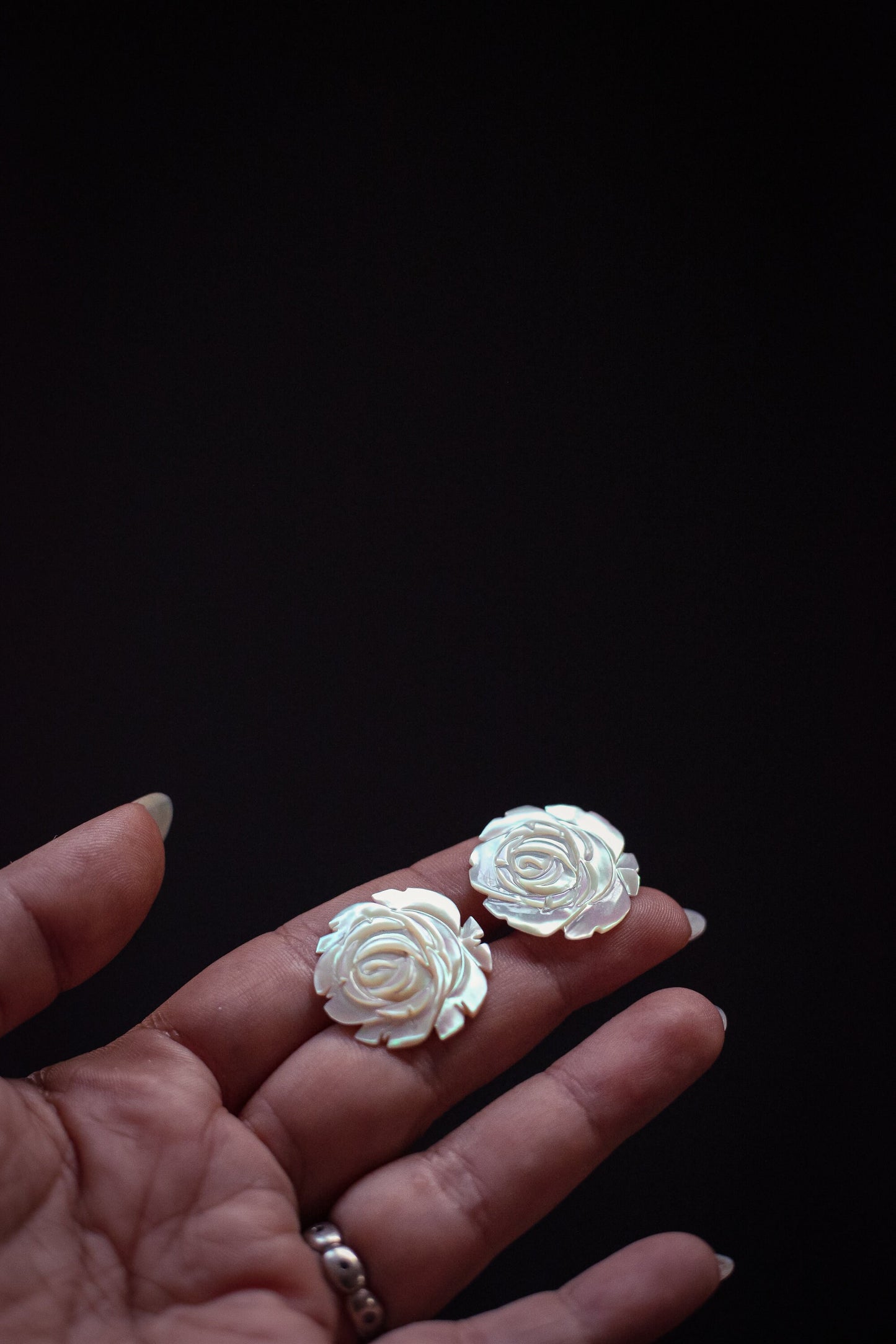 Mother of Pearl Carved Rosette Earrings - Vintage clip on MOP Flower Shaped Earrings