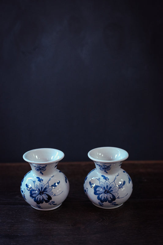 Pair of Blue White Delft Painted Vases - Set of 2 Vintage Hand Painted Vases