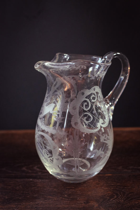 Etched Glass Pitcher with Reindeer - Vintage Cut Glass Crystal Water Pitcher