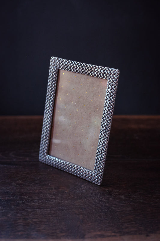 Checkered Texture Pewter Picture Frame - Vintage Solid Metal Photo Frame