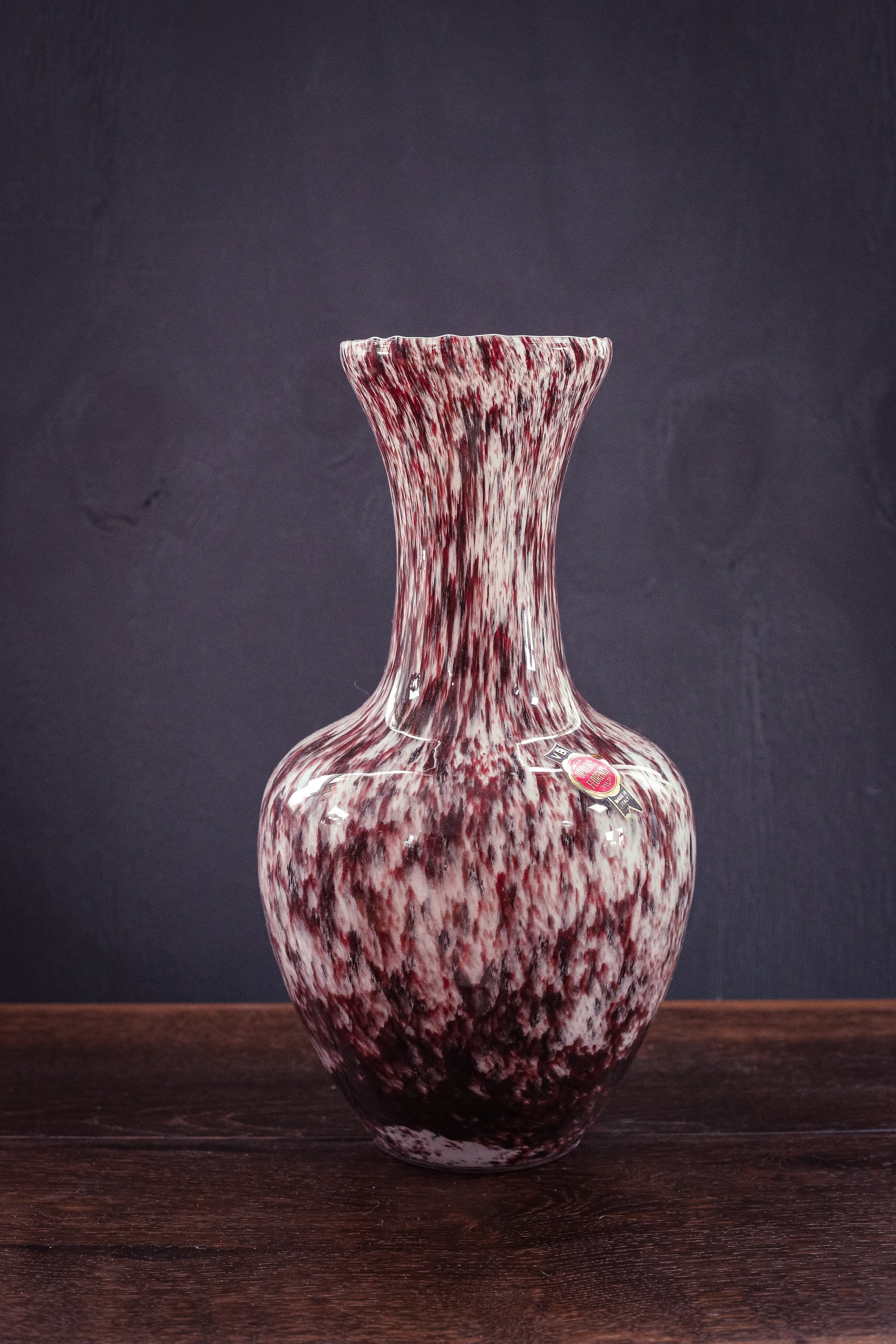 Large VB Florence Opaline Glass Vase - Vintage Maroon White Italian Glass Vase