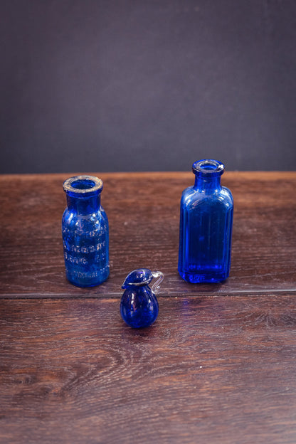 Set of 3 Miniature Cobalt Blue Glass Bottles - Vintage Cobalt Glass Trio